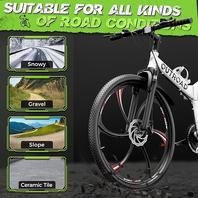 Outroad 26 Inch Folding Mountain Bike, 21 Speed Full Suspension High-Carbon Steel MTB Foldable Bicycle, Dual Disc Brake Non-Slip Folding Bikes for Adults/Men/Women, Black, Orange and Green