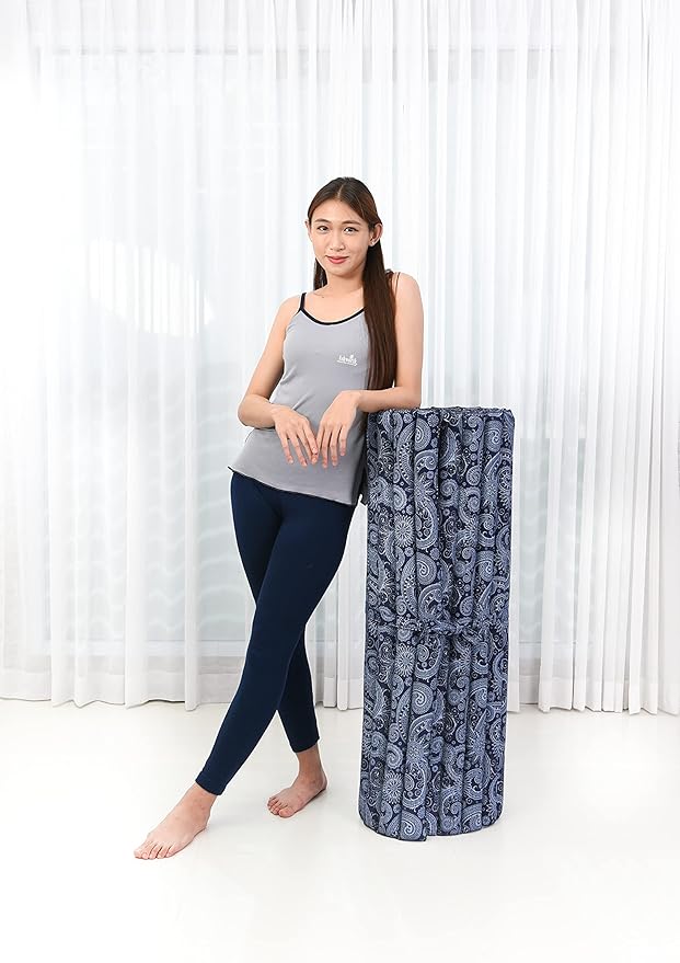 Leewadee - Kapok Roll Mat – Handcrafted Folding Sleep & Relaxation Mattress from Thailand, Ideal as Guest Bed, Camping Mat, Yoga Mat or Traditional Futon, 75 x 39 inches, Blue White