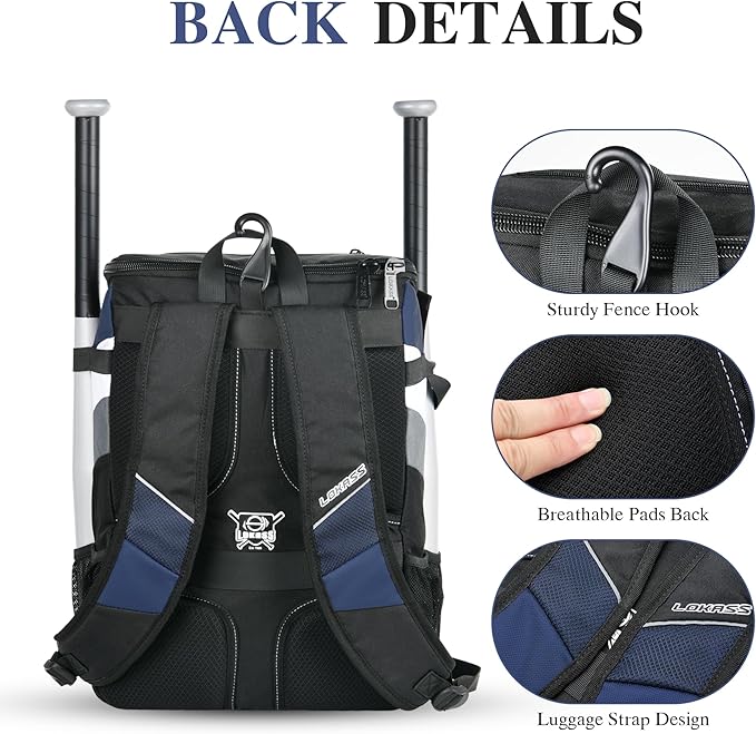 Baseball Backpack for Adult and Youth, Large Capacity Lightweight Softball Bag With Shoe Compartment and Fence Hook for TBall Bat & Equipment, Waterproof for Helmet, Gloves
