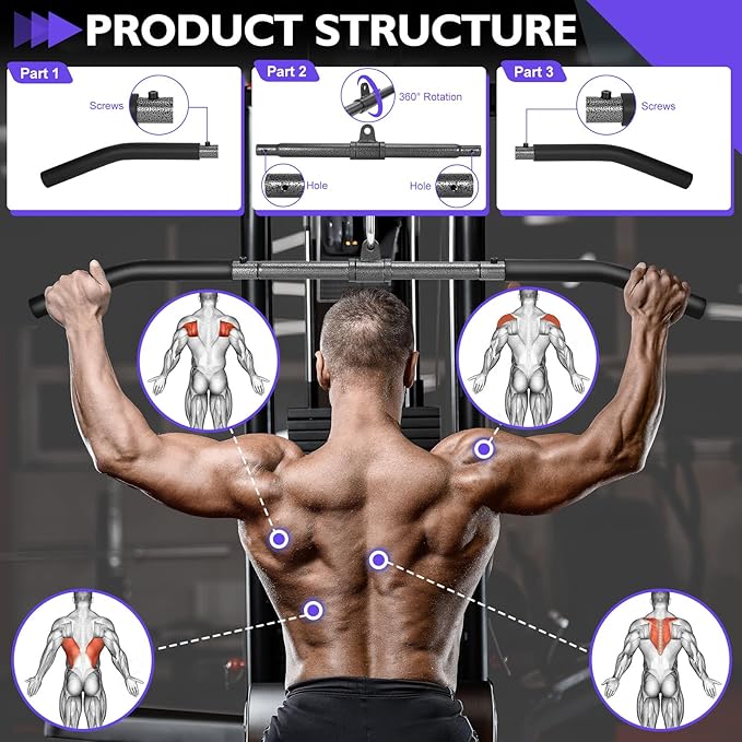 Cable Machine Attachments Set: LAT Pulldown Attachments Bar for Home Gym Accessories Tricep Rope Double D Handles