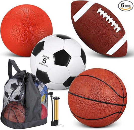 Lenwen 4 Pcs Sports Balls Set, Include Official Size Basketball Soccer Football Playground Ball Pump Equipment Bag Recess Equipment Sport for Teen Adult Gift Back to School