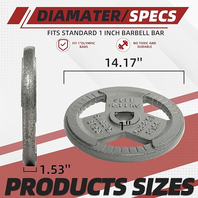 Cast Iron Gym Weight Plates | 1" and 2" Olympic Bumper Plates for Weightlifting, CrossFit, Deadlift, and Squat