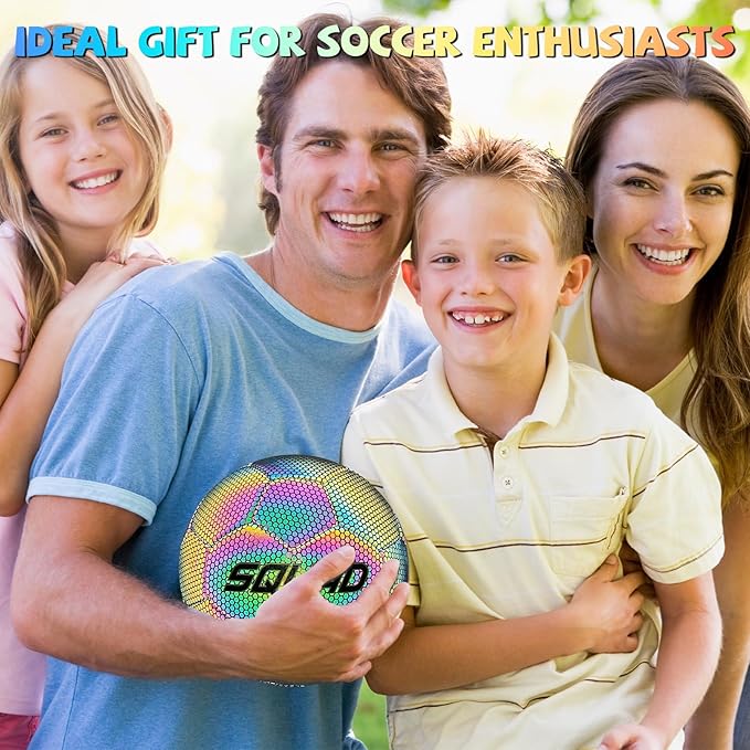 SQUAD Holographic Reflective Soccer Ball Size 5 - Reflective Glowing Ball for Night Games & Training - Durable PU Leather and Rubber Airbags - Cool & Unique Gift for Soccer Fans