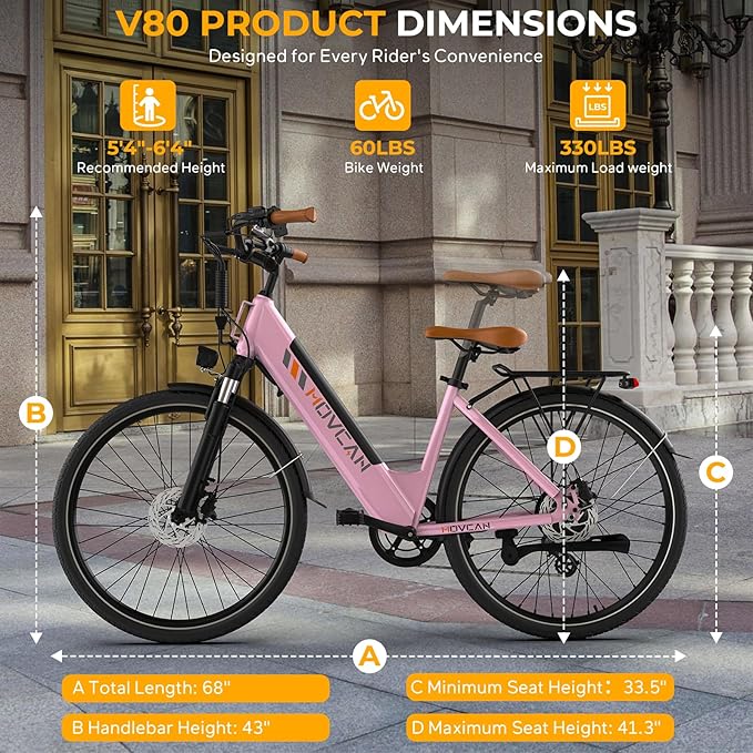 V80 Electric Bike, 1000W Motor 28MPH Ebike, 48V 13Ah Removeable Battery, 26'' City Cruiser Adult Electric Bicycles up to 70 Miles
