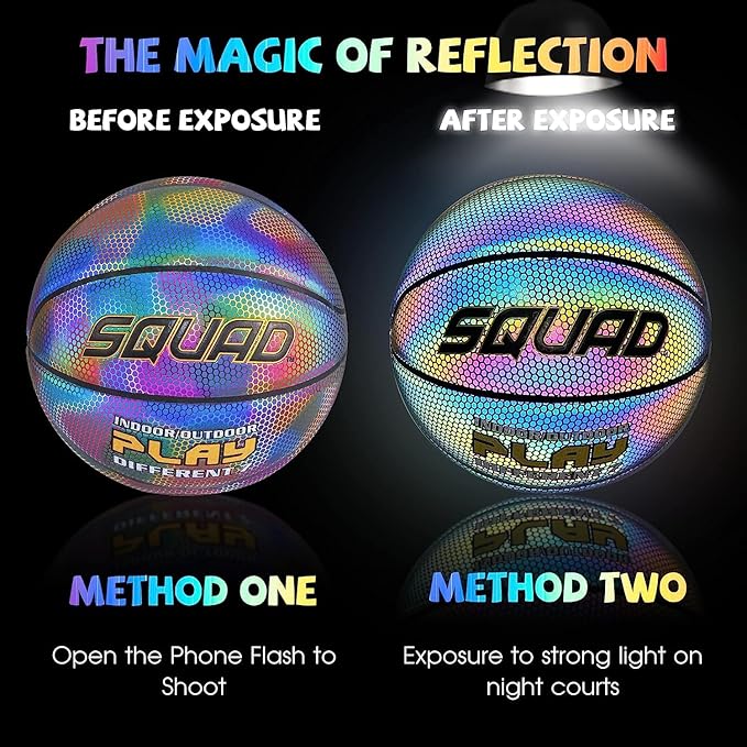 SQUAD NightPlay Reflective Basketball Size 5, Size 7 - Cool Holographic Glow Basketball for Night Game, Ideal Gift for Boys Girls 10-14 Year Old, Cool Teen Toys