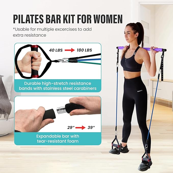 Upgraded Pilates Bar Kit – 39” Adjustable Exercise Equipment for Men, Women with 6X 20, 30, 40 lbs Resistance Bands with Adjustment Buckle – Pilates Equipment for Home Workouts for All Fitness Levels