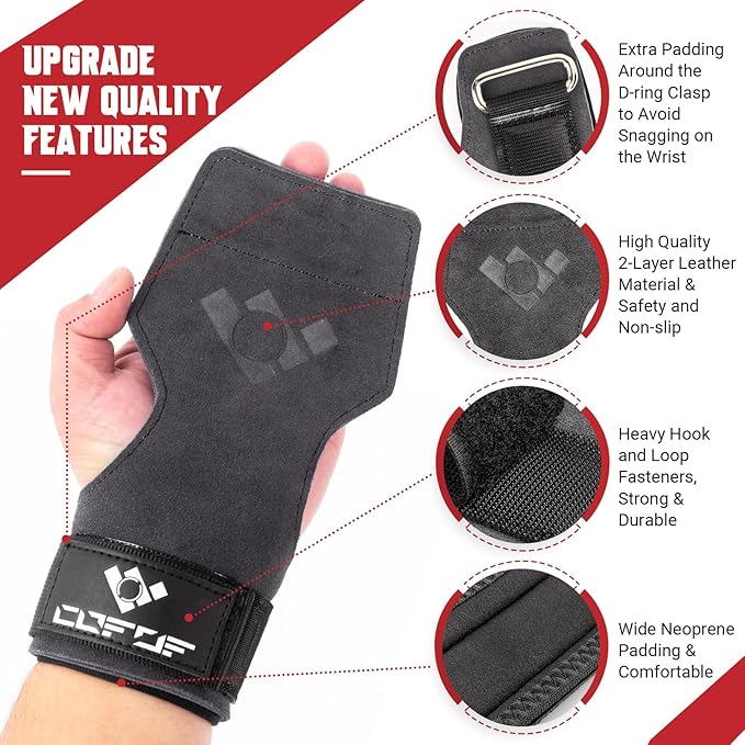 Weight Lifting Wrist Strap, Double Layer Leather Wrist Strap for Deadlift and Powerlifting, Adjustable Neoprene Padded Gym Workout Lifting Hooks (Pair)