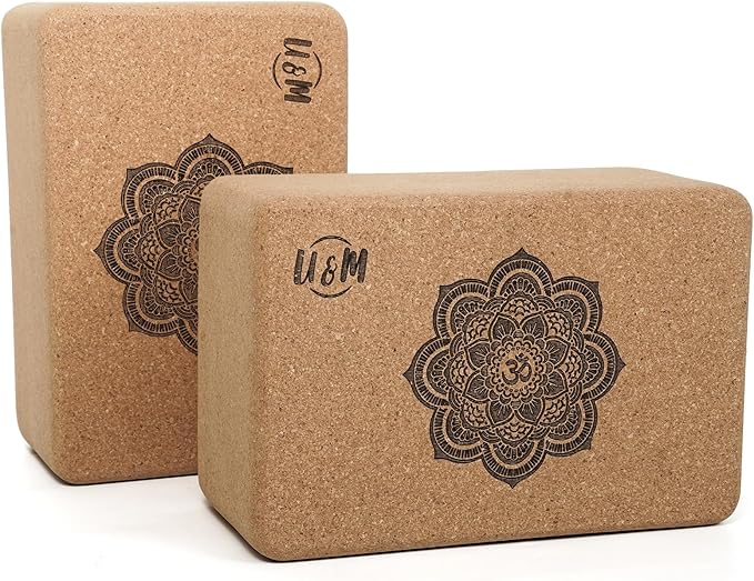 U&M Cork Yoga Blocks 2 Pack Set,Natural Cork High Density 9"x6"x4" Yoga Blocks Odor-Resistant Non-Slip for Yoga, General Fitness, Pilates, Stretching and Toning