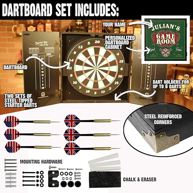 THOUSAND OAKS BARREL CO. | Personalized Dartboard & Cabinet Set with 6 Steel Tip Darts
