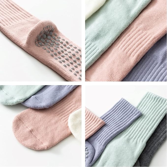 Yoga Pilates Socks with Grips for Women Non Slip Solid Colored Fleece Cushioned Mid Calf Crew Socks for Barre Ballet Dance