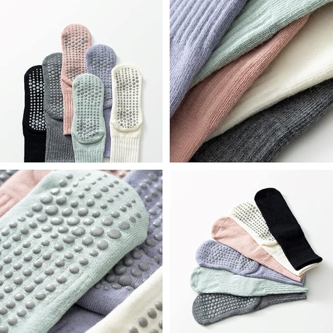 Yoga Pilates Socks with Grips for Women Non Slip Solid Colored Fleece Cushioned Mid Calf Crew Socks for Barre Ballet Dance