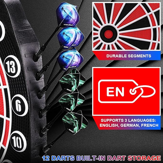 WIN.MAX Electronic Dart Board Soft Tip Dartboard Set LED Displays 3 Languages with 12 Darts 100 Tips Power Adapter