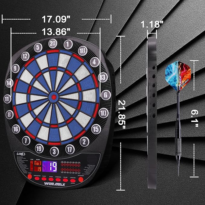 WIN.MAX Electronic Dart Board Soft Tip Dartboard Set LED Displays 3 Languages with 12 Darts 100 Tips Power Adapter