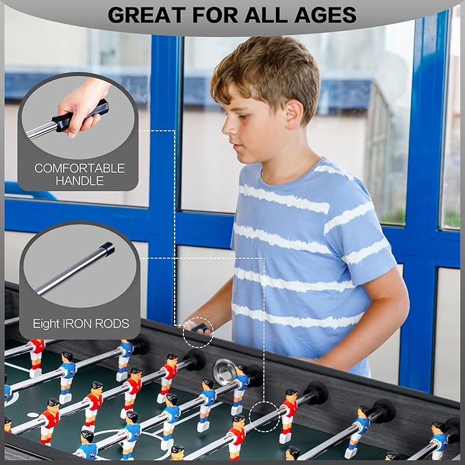58" Foosball Table, Competition Sized Soccer Table Game, Heavy Duty Arcade Game Table with 2 Balls for Adult, Kids, Home, Indoor Game Room Sport (Wood Grain)