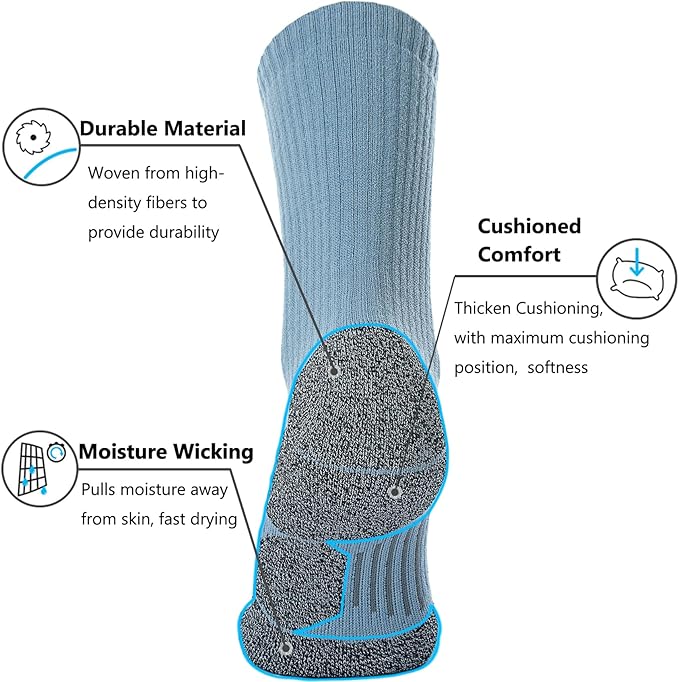 CWVLC Crew Hiking Socks, Cushion, Moisture Wicking, Arch Compression Boot Socks
