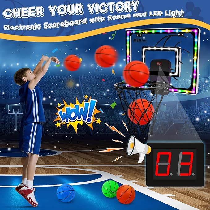 AOKESI Mini Indoor Basketball Hoop for Kids Scoring Hoop with 3 Balls,Led Light & Batteries Over The Door Bedroom Office Portable Basketball Toys Best Gift for Adults & Boys 4 5 6 7 8 9