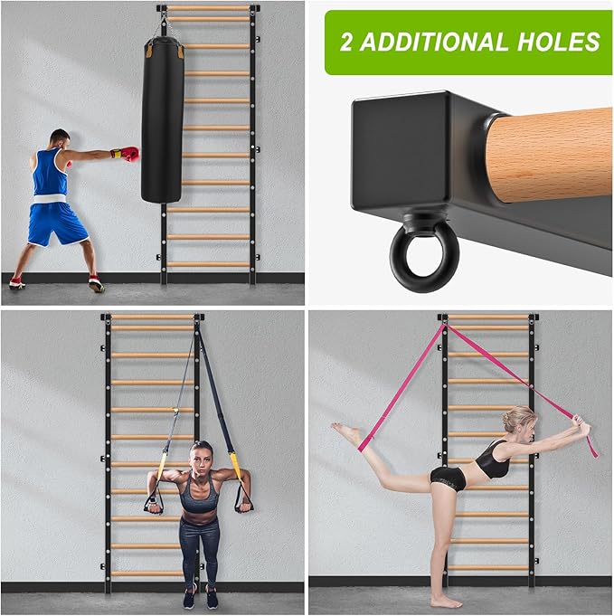 Wood Stall Bar, 2"x2" Swedish Ladder with 1" Hole, 11 Strategic Rods, Wall Mounted Suspension Trainer for Home, Gym, School and Clinic