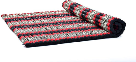 Leewadee - Foldable Floor Mattress - Japanese Roll Up Futon -Trifold Tatami Mat- Guest Floor Bed - Camping Mattress - Thai Massage Mat, Kapok Filled, 75 x 57 inches, Black Red