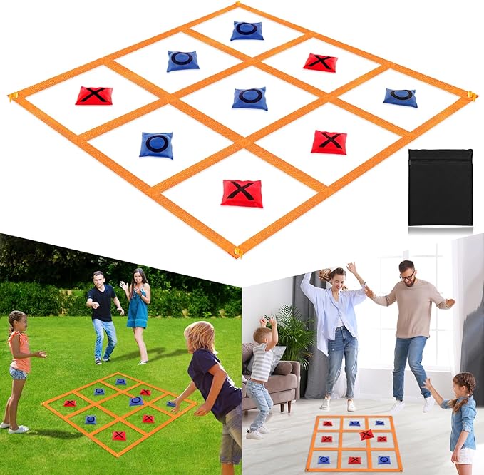 Giant Tic Tac Toe Strap Game Indoor Outdoor, 4 Ft X 4 Ft Portable Tic Tac Toe Bean Bag Toss Game, Large Yard Toss Game Tic Tac Toss Across Camping Games for Kids & Families -Orange