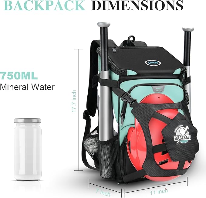 Baseball Backpack for Adult and Youth, Large Capacity Lightweight Softball Bag With Shoe Compartment and Fence Hook for TBall Bat & Equipment, Waterproof for Helmet, Gloves
