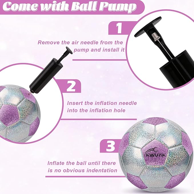 Soccer Ball Size 3 4 5 Glitter Pink Purple Silver with Pump Toddler Soccer Ball for Kids Aged 3-6 6-8 8-12 Outdoor Training Ball for Girls Boys Children Youth Teens