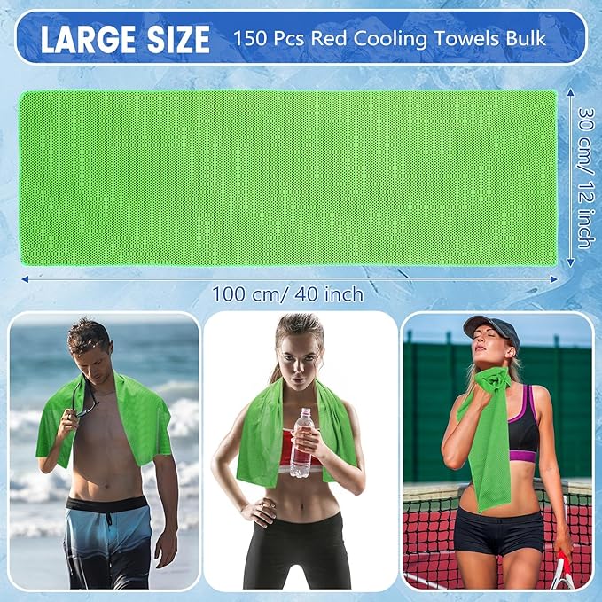 Hosuly 150 Pack Cooling Towels Bulk 40 x 12 Inch Large Chilly Breathable Sweat Sports Cold Towels Sublimation Microfiber Ice Neck Rags for Hot Weather Workout Baseball Softball Gym Team Gift(Green)