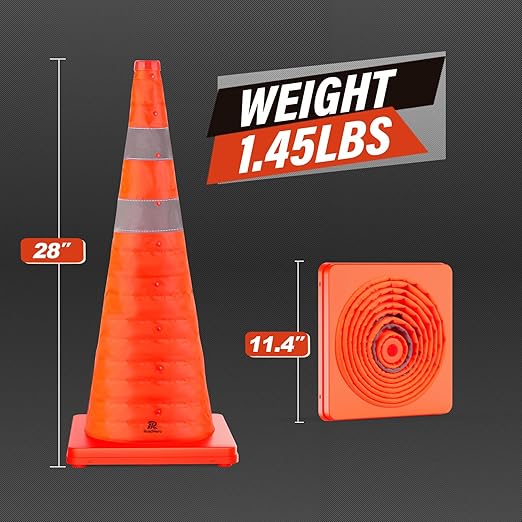 RoadHero 28 Inch 8 Pack Collapsible Traffic Cones, Multi Purpose Pop-up Orange Cones with Reflective Collar for Road Safety, Parking Cones for Sports, Driving Training