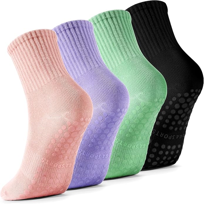 4 Pairs Pilates Socks with Grips for Women, Barre Yoga Grippy Socks, Womens Non Slip Pilates Crew Sticky Socks