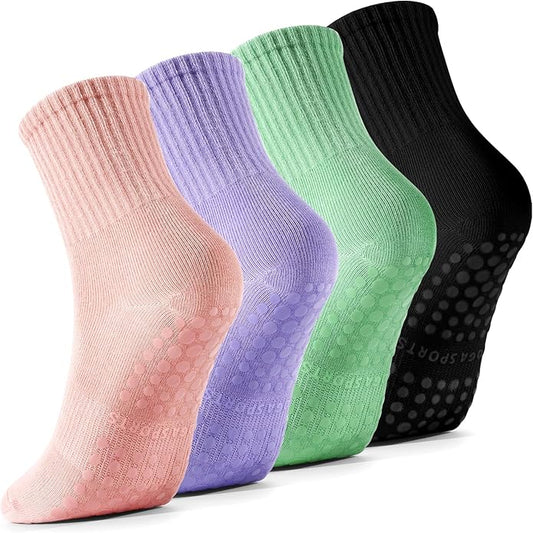 4 Pairs Pilates Socks with Grips for Women, Barre Yoga Grippy Socks, Womens Non Slip Pilates Crew Sticky Socks