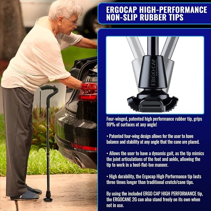 Ergocane 2G by Ergoactives As Seen On TV. Spring-Assisted Shock Absorber Fully-Adjustable Ergonomic Cane, Newly Released, Equipped with Stand Alone High Performance Rubber Tip (Matte Black Design)