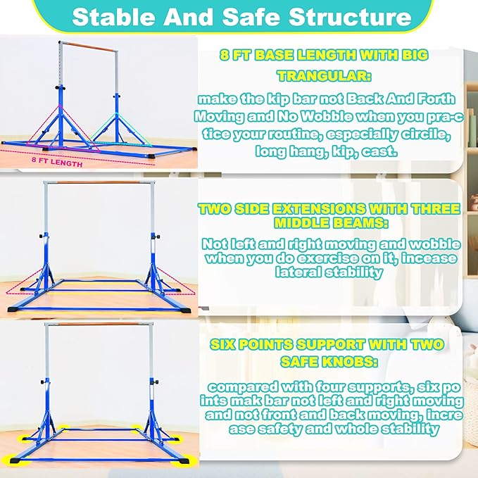 MARFULA Gymnastic Bar for Kid and Teenage Ages 3-25, 5 FT / 8 FT Base Length, 4 FT Width 5 FT Height, Gymnastic Kip Bar Horizontal Bar for Gymnast, Gymnastic Training Equipment for Home and Club Use