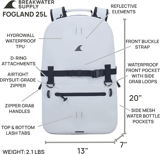 Breakwater Supply™ Waterproof IP68 Submersible Backpack with Airtight Zippers | Laptop Travel Outdoors | Fogland 25L 20L 15L