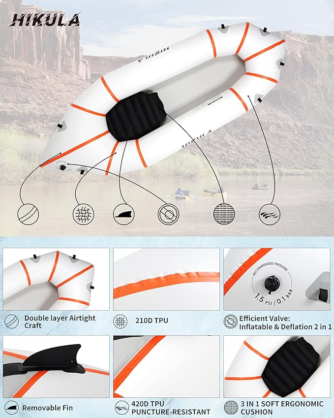 Lightweight Packraft TPU - Inflatable Kayak for Adults & Kids, Durable, Compact, Rapid Inflate, for Flat Water Rafting, Bicycle Drifting, Litewater Dinghy