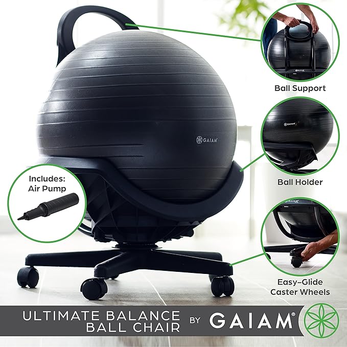 Gaiam Ultimate Balance Ball Chair (Standard or Swivel Base Option) - Premium Exercise Stability Yoga Ball Ergonomic Chair for Home and Office Desk - 52cm Anti-Burst Ball, Air Pump, Exercise Guide