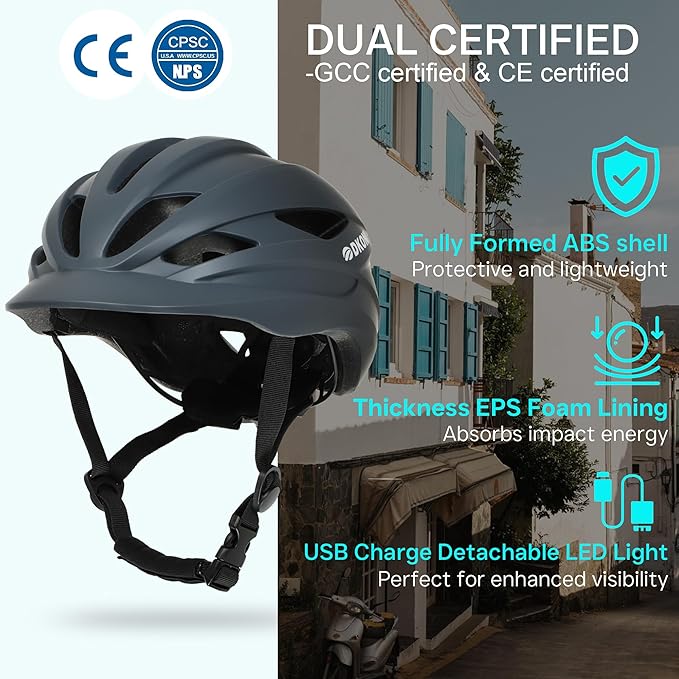 Bike Helmet Adult Urban:Bicycle Helmet for Men Women with USB Charge Detachable Taillight Helmets for Commuter Cycling Scooters