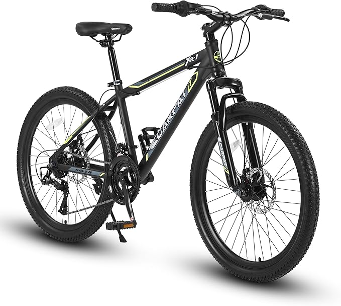 24/26 Inch Mountain Bike, 21 Speed Mountain Bicycle with High Carbon Steel Frame, Dual Disc Brakes and Front Suspension, MTB Bike for Adult Teenagers Boys Girls