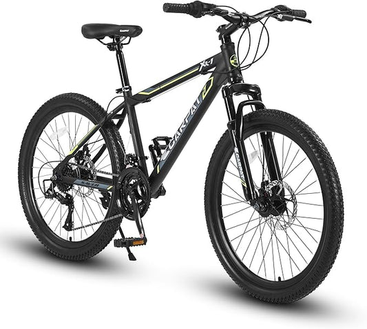 24/26 Inch Mountain Bike, 21 Speed Mountain Bicycle with High Carbon Steel Frame, Dual Disc Brakes and Front Suspension, MTB Bike for Adult Teenagers Boys Girls