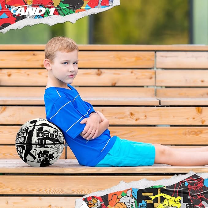 AND1 Street Art 27.5 Basketball : Youth Sized Rubber Streetball for Indoor and Outdoor Use, Deep Channel Construction and Durability, Ideal for Boys and Girls Ages 9-11, Includes 10” Pump