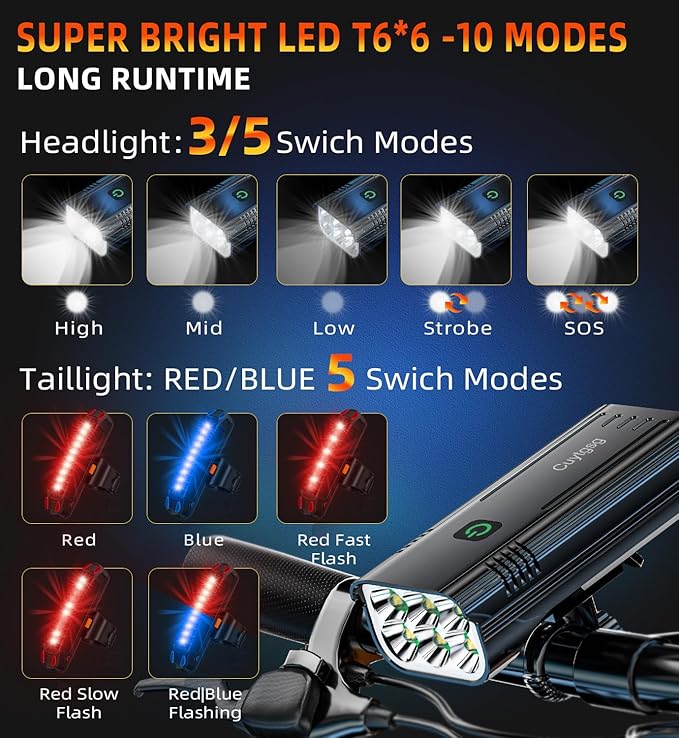 2025 Upgrade Super Bright Rechargeable Bike Lights for Night Riding,6 LED High Lumen 10 Mode Bike Headlight Taillight,360°Rotatable Brackt,Aluminum Front Lights,Runtime 48+ hrs,Shockproof Waterproof