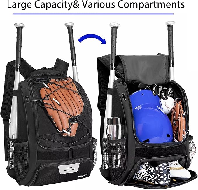 Baseball Bag Softball Backpack - Youth Adult T Ball Bat Equipment Bag with Bat Helmet Holders, Shoe Compartment