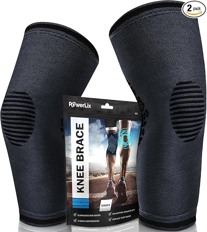 POWERLIX Knee Compression Sleeve (Pair) - Best Knee Brace for Knee Pain for Men & Women – Knee Support for Running, Basketball, Volleyball, Weightlifting, Gym, Workout, Sports
