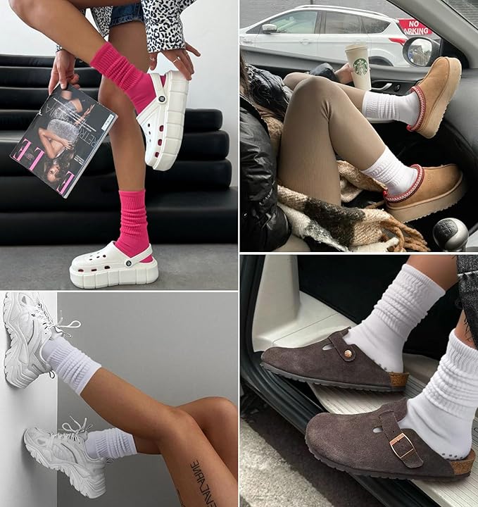 Grip Pilates Socks for Women, Yoga Slouch Socks with Grip for Barre Workout Hospital Long Scrunch Slipper Socks
