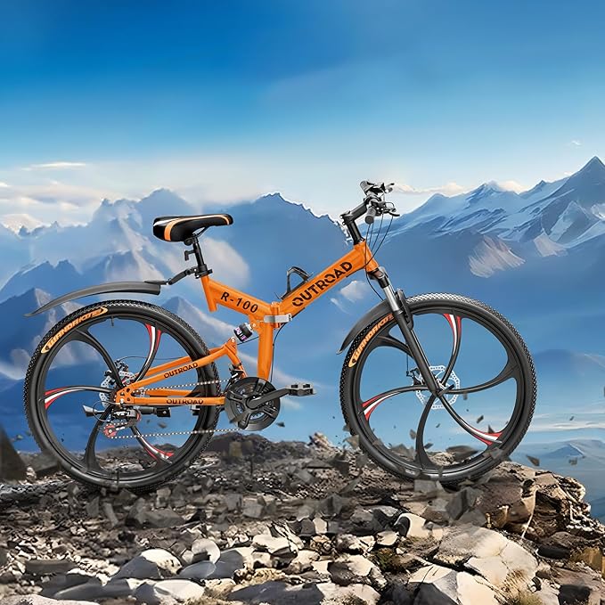 Outroad 26 Inch Folding Mountain Bike, 21 Speed Full Suspension High-Carbon Steel MTB Foldable Bicycle, Dual Disc Brake Non-Slip Folding Bikes for Adults/Men/Women, Black, Orange and Green