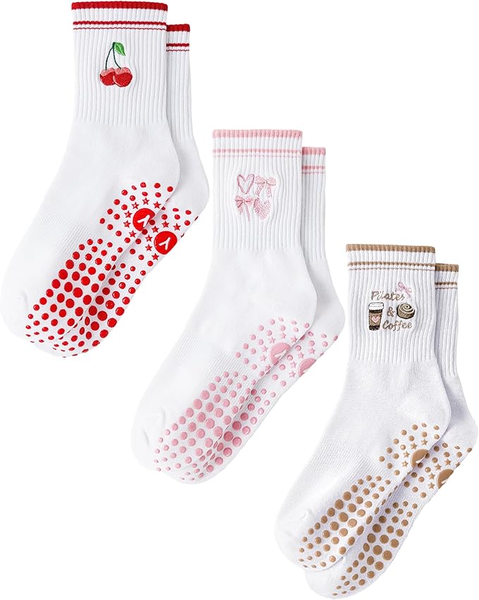 Yawlsow Pilates Grip Socks for Women Yoga Grippy Socks Cute Barre Non Skid Athletic Crew Sticky Sock Workout Hospital