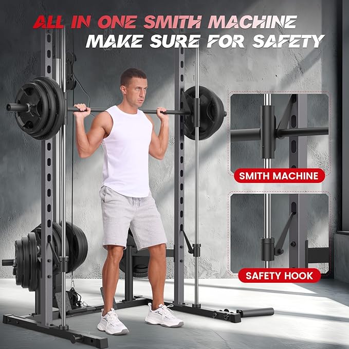 Smith Machine with LAT-Pull Down, Multi-Functional Smith Machine, Power Cage with Cable Crossover, Squat Rack with Landmine, Barbell Bar, Plate Storage Pegs and More Training Attachment