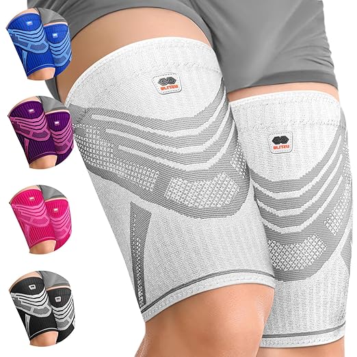 BLITZU Hamstring Compression Sleeve, Thigh Compression Sleeve for Women and Men, Upper Leg Brace for Groin, Sciatica & Quad Tendonitis, Wrap Support for Recovery, Running, Sports and Workout White XL