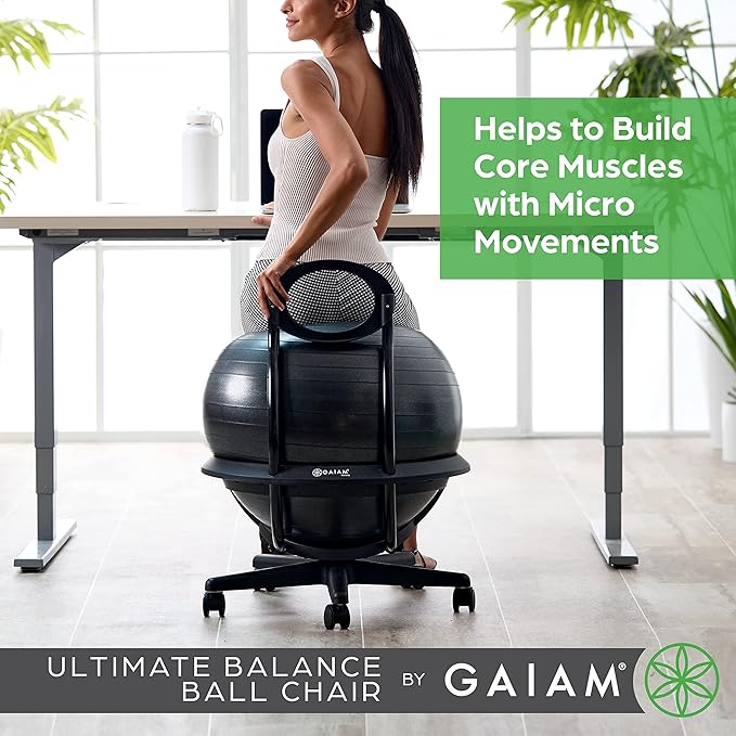 Gaiam Ultimate Balance Ball Chair (Standard or Swivel Base Option) - Premium Exercise Stability Yoga Ball Ergonomic Chair for Home and Office Desk - 52cm Anti-Burst Ball, Air Pump, Exercise Guide