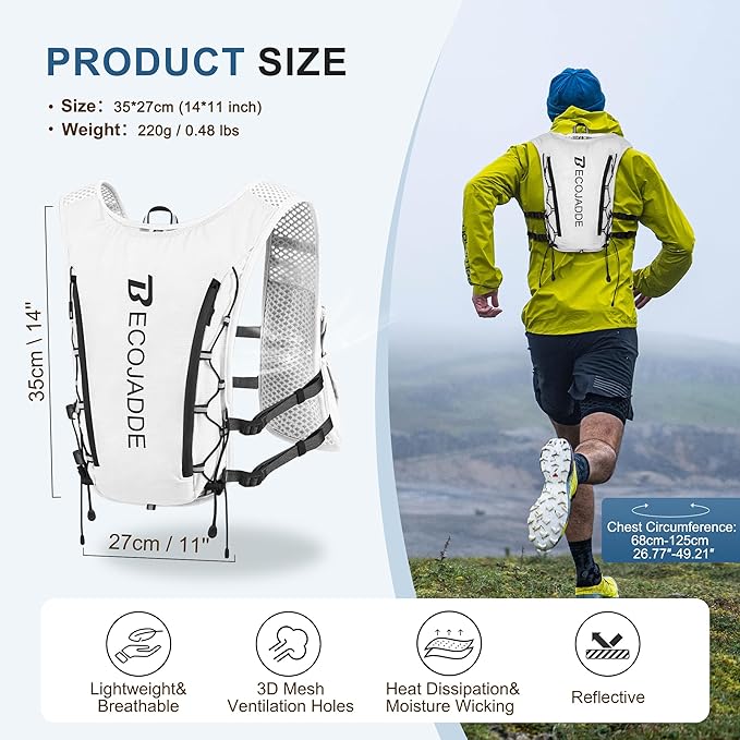 Running Vest Hydration Backpack for Men Women, 5L Lightweight Running Backpack Hydration Pack for Marathon, Trail, Cycling, Hiking, Jogging