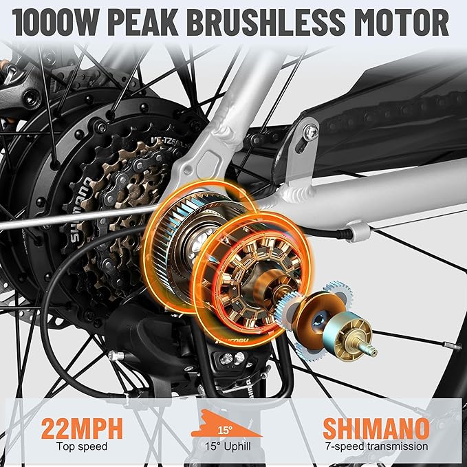 Core Electric Bike for Adults - Peak 1000W/1200W Brushless Motor Ebike, 468&500Wh Removable Built in Battery 26&27.5X2.1 Tire Step Over Bicycle with 7 Speed, Commute E Bikes