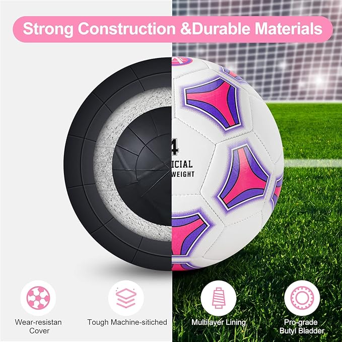 STEEFAN Pink Soccer Ball Full Size 3/4/5 for Kids Outdoor Play,Color Change Soccer Stuff with Official Size Ball Needles and Air Pump,Gift for Kid Teen Girl Junior,Indoor Outdoor Game Soccer Ball